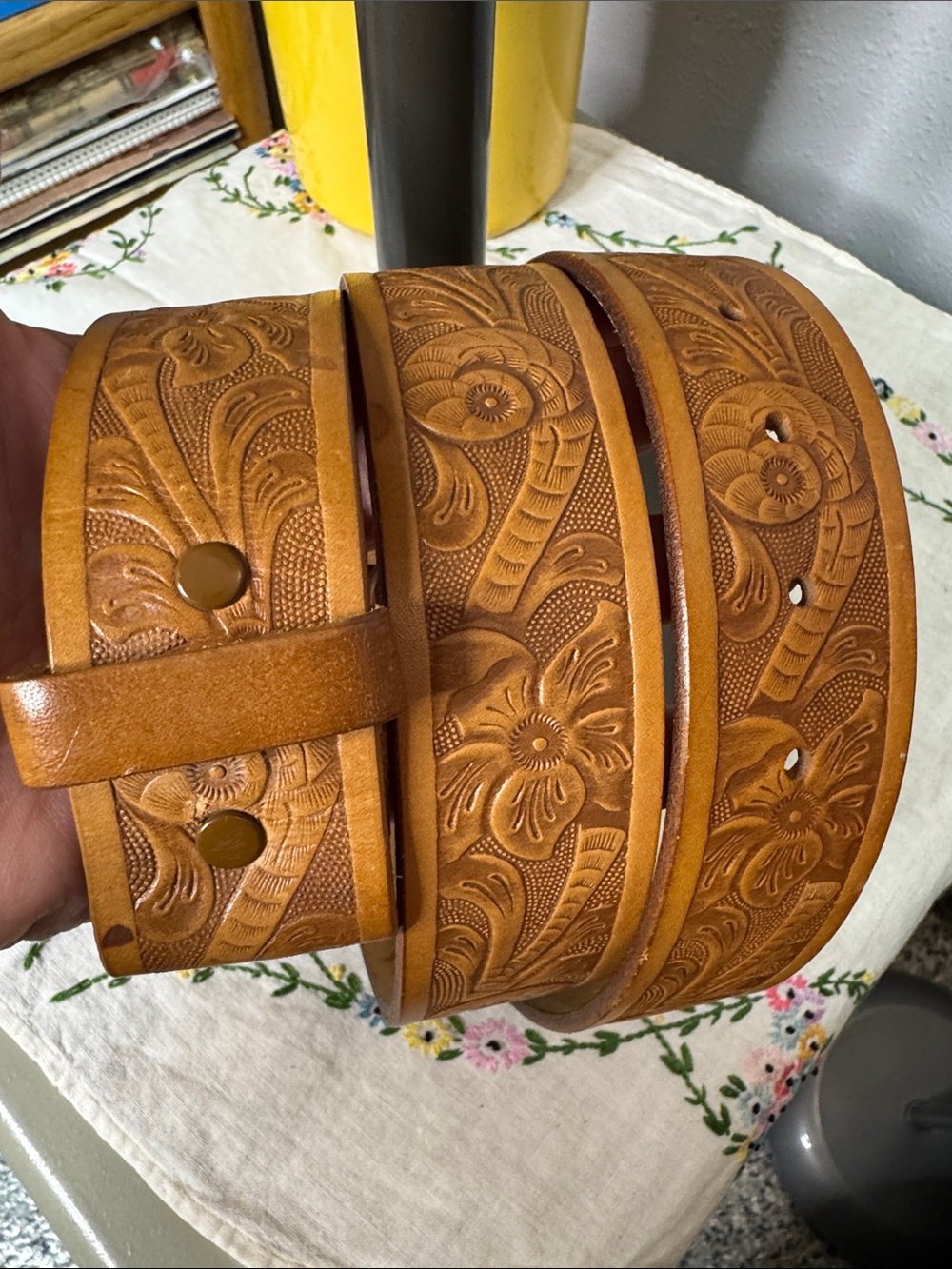 Hand-Tooled Leather Men's Belt in Tan
